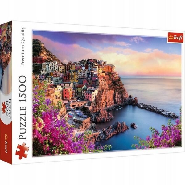 Trefl Puzzle 1500 pieces, featuring a beautiful view of Manarola, one of the Cinque Terre villages in Italy. This puzzle offers a scenic and challenging experience, perfect for puzzle enthusiasts.
