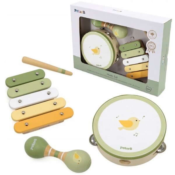 VIGA PolarB Musical Instruments Set – a colorful set featuring a tambourine, maracas, and other instruments, designed for children to explore music and rhythm. Perfect for early music education.