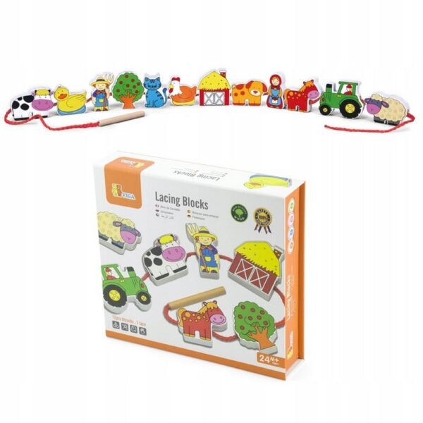 A Montessori-inspired wooden threader set featuring farm animal blocks, designed to enhance fine motor skills, hand-eye coordination, and creativity in children.