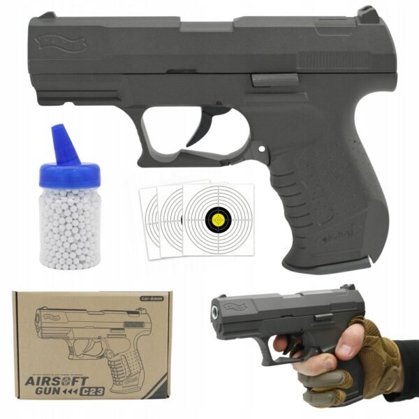 This high-quality Walther metal gun replica offers a realistic shooting experience, designed for use with metal short balls. The set includes freebie balls for added fun right out of the box, making it perfect for collectors or enthusiasts.