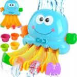 This fun octopus-themed bath toy features a mini slide that lets water flow down, creating a splash of excitement during bath time. Perfect for little ones, it encourages sensory play and motor skills development while keeping kids entertained.