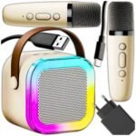 Wireless Karaoke Kit Kids Bluetooth Speaker + 2 Microphones is a portable karaoke set for kids, featuring a Bluetooth speaker and two microphones for singing and fun duets.