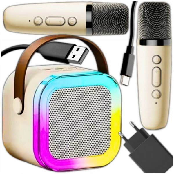 Wireless Karaoke Kit Kids Bluetooth Speaker + 2 Microphones is a portable karaoke set for kids, featuring a Bluetooth speaker and two microphones for singing and fun duets.