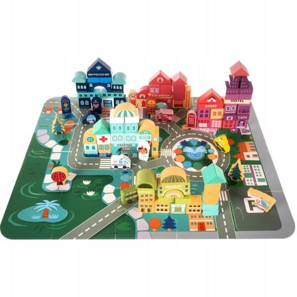A set of 100 wooden blocks featuring city and car designs, combined with a puzzle to enhance creativity, motor skills, and problem-solving abilities.