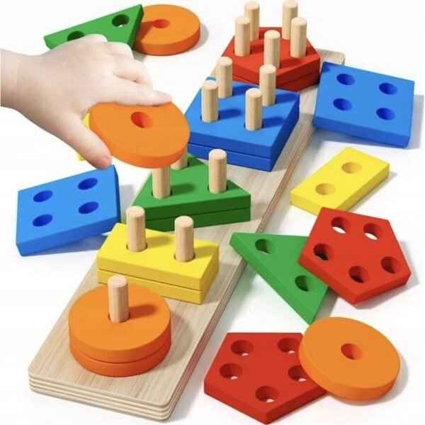 A wooden sorting puzzle designed to develop logical thinking, color recognition, and fine motor skills in children.