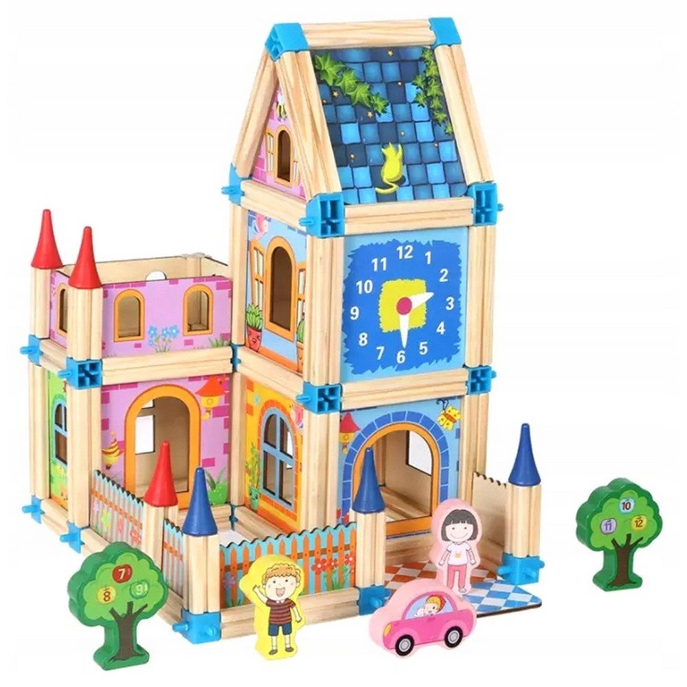 wooden construction blocks 128 pcs montessori Un ensemble de 128 blocs de construction en bois conçus pour favoriser la créativité, la motricité fine et le développement cognitif conformément aux principes Montessori.