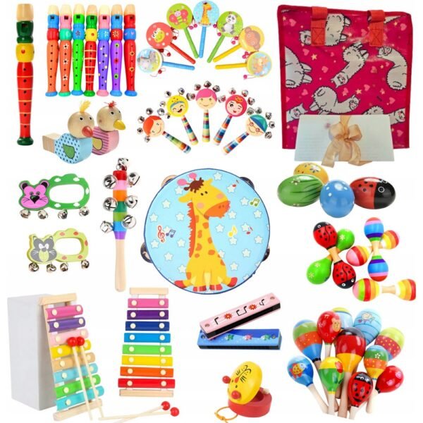 Wooden Musical Instruments Set – includes cymbals, tambourine, flute, and a carry bag, offering a fun way for children to explore music. Comes with a freebie, making it an ideal gift for young musicians.