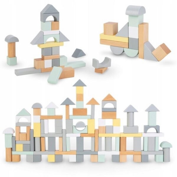 A set of 100 wooden blocks in soft pastel colors, featuring 8 different shapes. Ideal for creative play and improving motor skills.