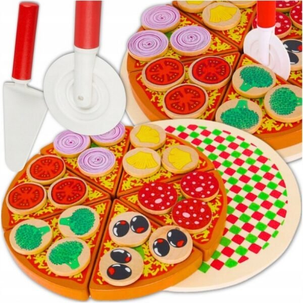 A wooden pizza playset with Velcro pieces, including a knife and large accessories, designed to enhance motor skills and imaginative play in children.