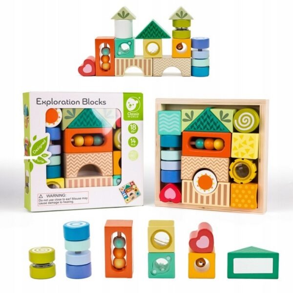 A Montessori-inspired set of sensory blocks with 7 different functions, including puzzle shapes and sound elements, designed to stimulate cognitive development and sensory exploration.