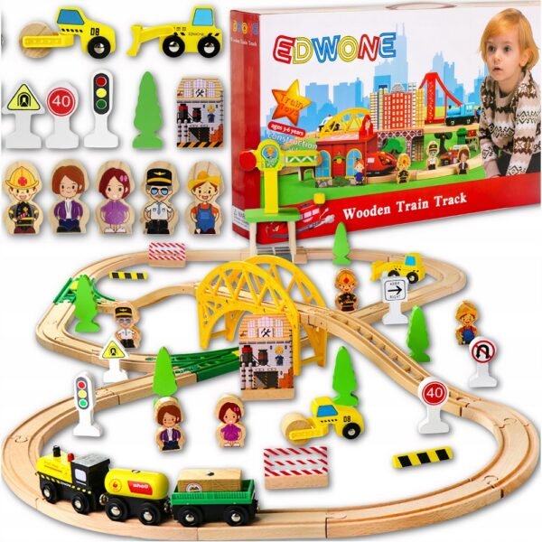 A wooden train set featuring tracks, a locomotive, and wagons, designed to stimulate creativity, fine motor skills, and imaginative play.