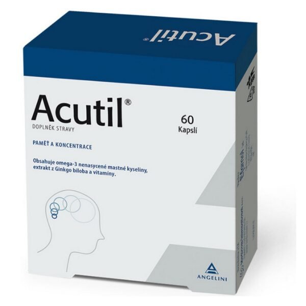 Acutil Capsules 60 – a supplement designed to support mental performance, improve concentration, and reduce fatigue, featuring a blend of vitamins and plant extracts.