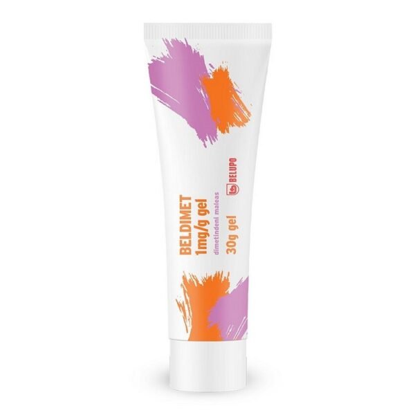 Beldimet is a topical gel used to relieve pain and inflammation associated with muscle strains, sprains, and joint pain. It contains dimethyl sulfoxide (DMSO), which helps reduce swelling and improve blood circulation. Apply as directed to the affected area.