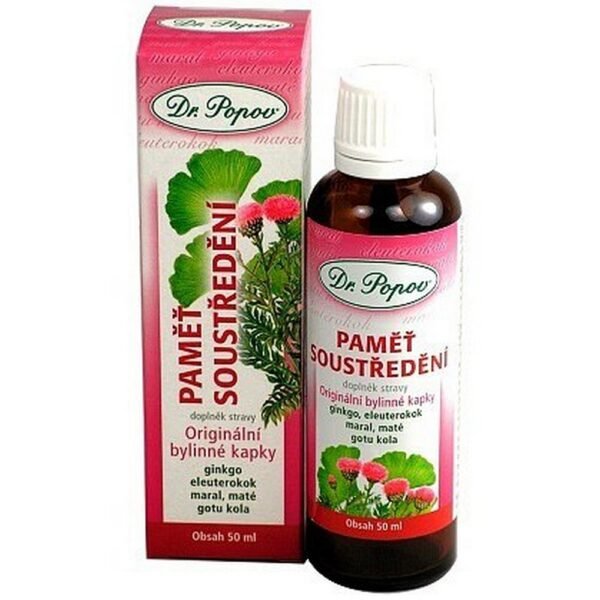 Dr. Popov Herbal Drops Memory-Concentration 50ml – an herbal tincture formulated with natural ingredients to support memory, mental clarity, and concentration.