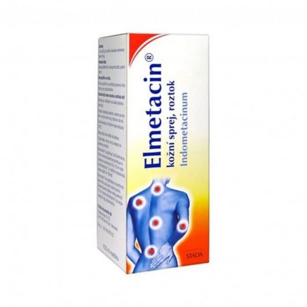 Elmetacin is a topical anti-inflammatory spray containing meloxicam, used for pain relief and reducing inflammation in conditions like arthritis and muscle strains. Apply directly to the affected area as directed.