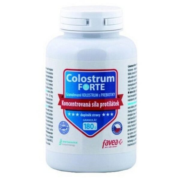 Favea Colostrum Forte 180g – a dietary supplement containing colostrum, rich in immunoglobulins, growth factors, and other bioactive compounds to support immune function, gut health, and overall well-being.