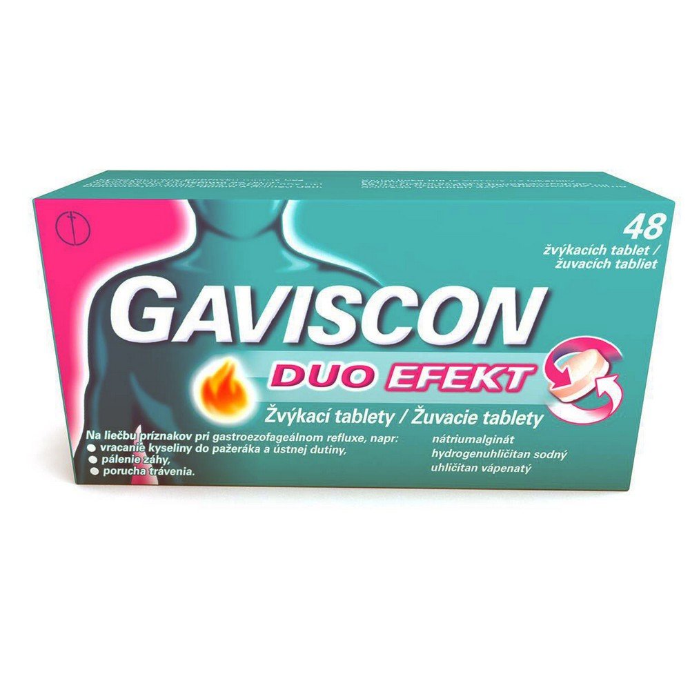 gaviscon duo effect chewable tablets 48 Gaviscon Duo Effect Chewable Tablets 48 – a heartburn and acid reflux relief product from the UK. It combines two active ingredients: sodium alginate and calcium carbonate, which work together to form a protective barrier on top of the stomach contents, preventing acid reflux and soothing symptoms of heartburn, indigestion, and acid discomfort. Ideal for fast relief, especially after meals. Suitable for adults.
