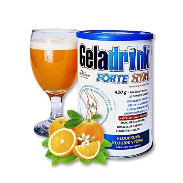 Geladrink Forte Hyal Powdered Drink Orange is a dietary supplement designed to support joint health and mobility. It contains collagen, hyaluronic acid, and other nutrients to help improve joint lubrication, reduce discomfort, and enhance flexibility.