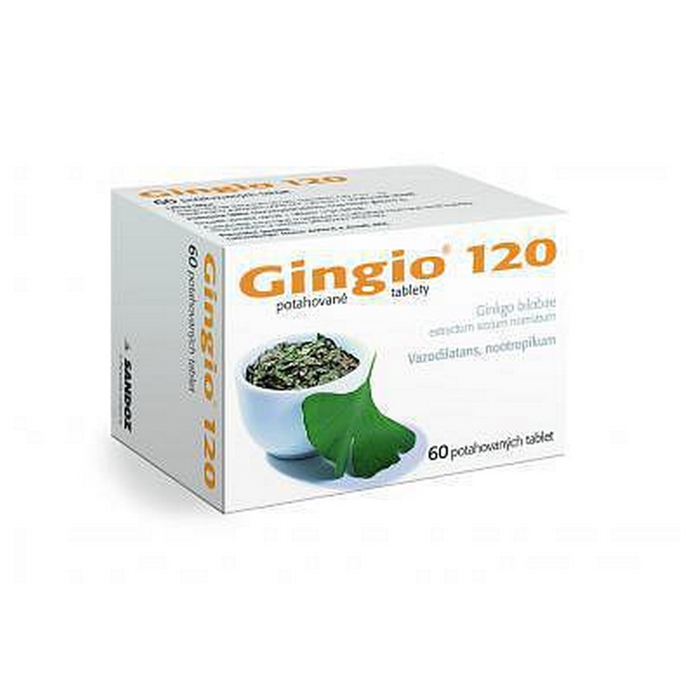 gingio 120 mg film coated tablets 60 Gingio 120 mg Film-coated Tablets (60) are used to improve blood circulation and support cognitive function. The active ingredient, Ginkgo biloba extract, is known for its antioxidant properties and its ability to enhance memory and concentration, often used in the management of symptoms related to dementia and age-related cognitive decline.