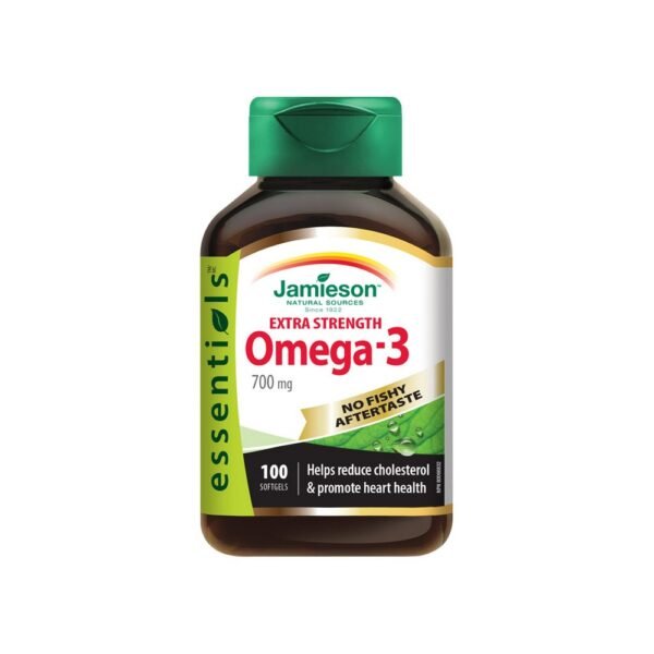 Jamieson Omega-3 Extra 700mg is a dietary supplement that provides essential omega-3 fatty acids, including EPA and DHA, which support heart health, brain function, and overall well-being.
