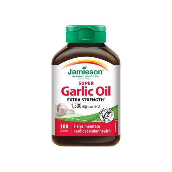 Jamieson Super Garlic 1500mg is a dietary supplement that provides garlic extract, known for its potential benefits in supporting cardiovascular health, boosting the immune system, and improving overall wellness.