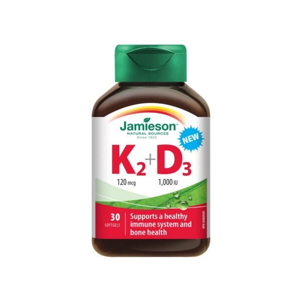 Jamieson Vitamins K2 120mcg and D3 1000 IU are dietary supplements that support bone health and cardiovascular function. Vitamin K2 helps regulate calcium in the body, while Vitamin D3 aids in calcium absorption.