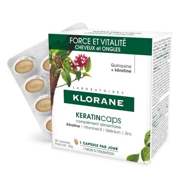 Klorane Keratincaps Hair and Nails – dietary supplement with 30 capsules. Helps strengthen hair and nails, promoting their growth and overall health.