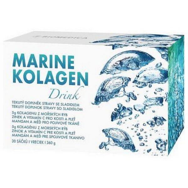 Marine Collagen Drink 30x12g is a dietary supplement in the form of a drink powder containing marine collagen, designed to promote skin elasticity, hydration, and overall skin health. It comes in a box with 30 individual servings, each containing 12g of collagen.