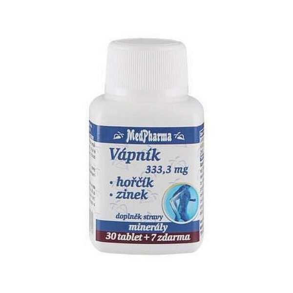 Medpharma Calcium + Magnesium + Zinc – dietary supplement with 37 tablets. Supports bone health, muscle function, and overall vitality.