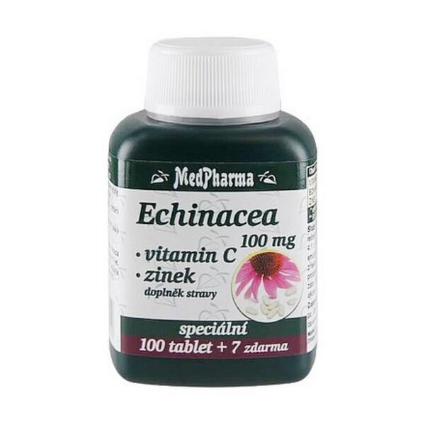 Medpharma Echinacea 100mg + Vitamin C + Zinc Tbl. 107 – a dietary supplement combining echinacea, vitamin C, and zinc to strengthen the immune system and protect against common colds.