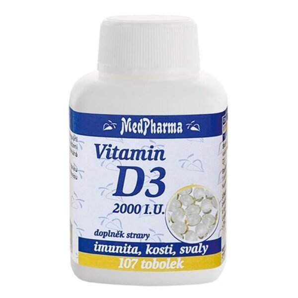 Medpharma Vitamin D3 2000 IU Capsules support bone health, immune function, and overall well-being. Each capsule contains 2000 IU of vitamin D3.
