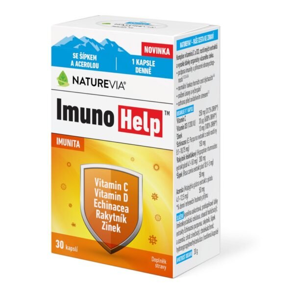 NatureVia ImunoHelp 30 Capsules – a dietary supplement formulated with natural ingredients to support the immune system, including herbs, vitamins, and minerals for enhanced protection against seasonal threats.
