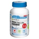 NatureVia Omega 3 One-a-Day is a dietary supplement that provides essential omega-3 fatty acids, supporting heart health, brain function, and overall well-being. It offers a convenient one-capsule-per-day dosage.