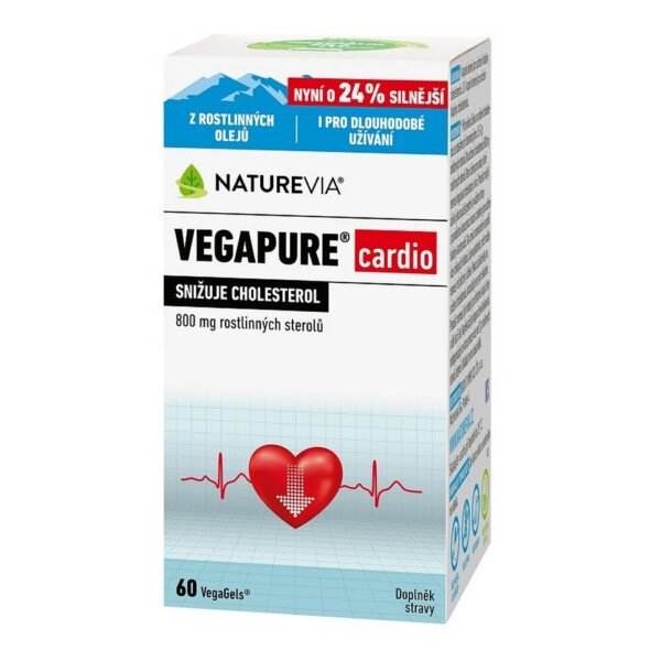 Naturevia Vegapure Cardio 800 mg is a dietary supplement designed to support cardiovascular health. It contains plant-based ingredients that may help maintain healthy cholesterol levels and promote heart health.