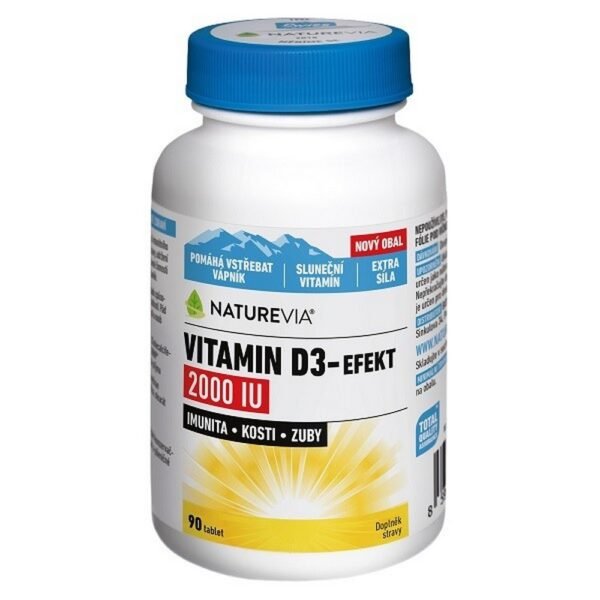 Naturevia Vitamin D3-Effect 2000 IU Tbl. 90 – a high-strength vitamin D3 supplement providing 2000 IU per tablet to support bone health, immune function, and overall well-being.