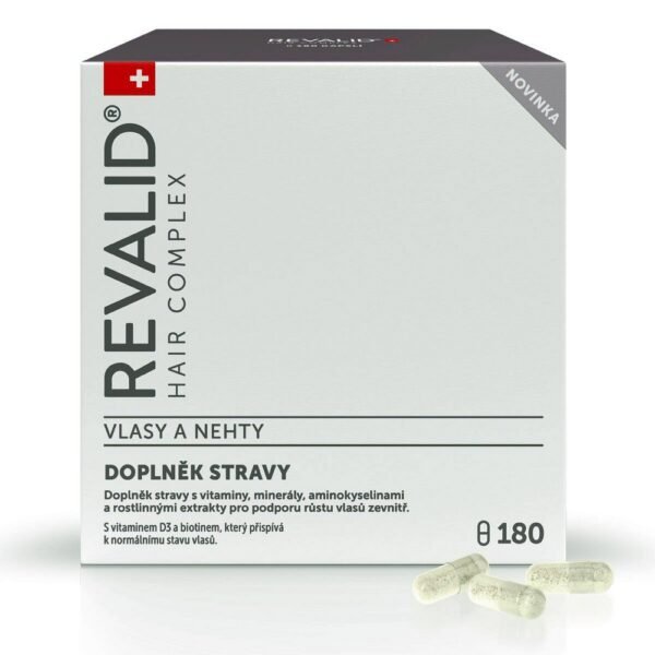 Revalid Hair Complex Cps.180 is a dietary supplement designed to promote hair health and growth, containing a blend of vitamins, minerals, and amino acids to nourish the hair follicles.