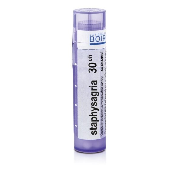 Stapisagria is a homeopathic remedy used for emotional trauma, stress, and wound healing. It can help with conditions related to nervous tension, surgical recovery, and skin irritations. The granules are taken sublingually, as directed by a healthcare provider.