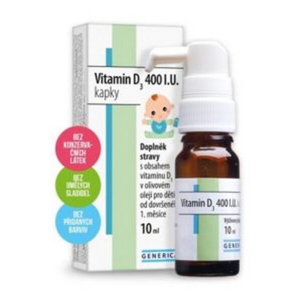 Vitamin D3 400 IU Drops by Generica are a dietary supplement designed to support bone health and immune function. The liquid form makes it easy to adjust the dosage as needed.