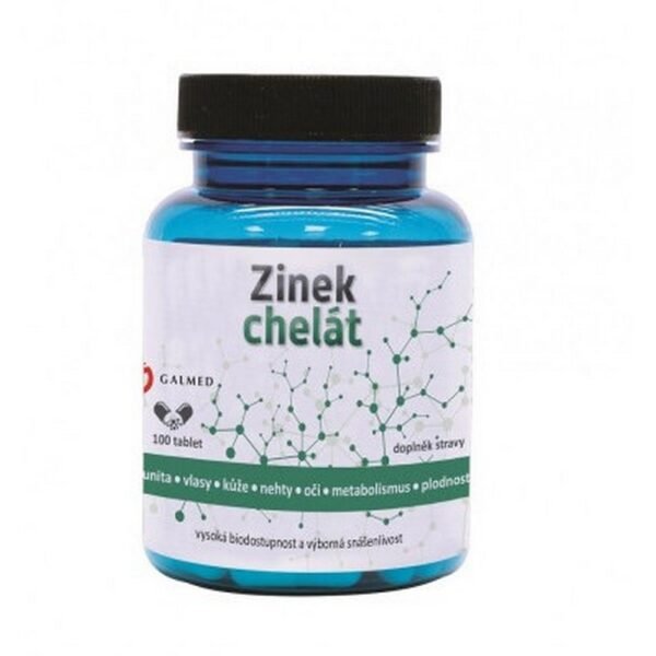 Zinc Chelate 15mg – dietary supplement with 100 tablets. Supports immune function, promotes skin health, and aids in cellular repair.